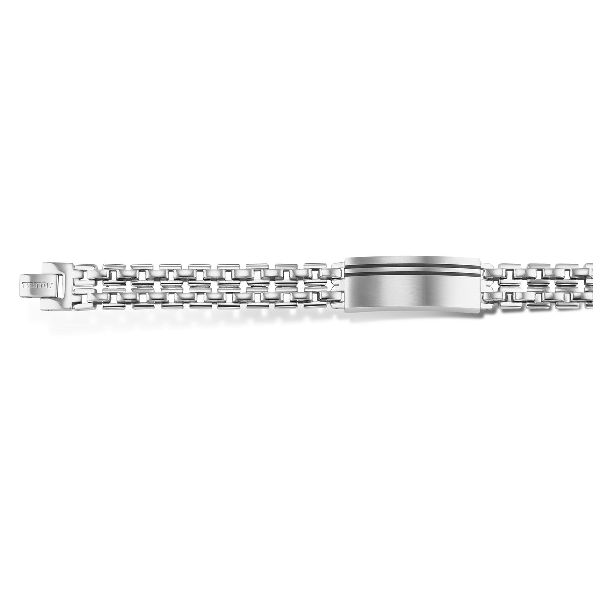 Stainless steel ID bracelet with enamel accents. 9 inches.