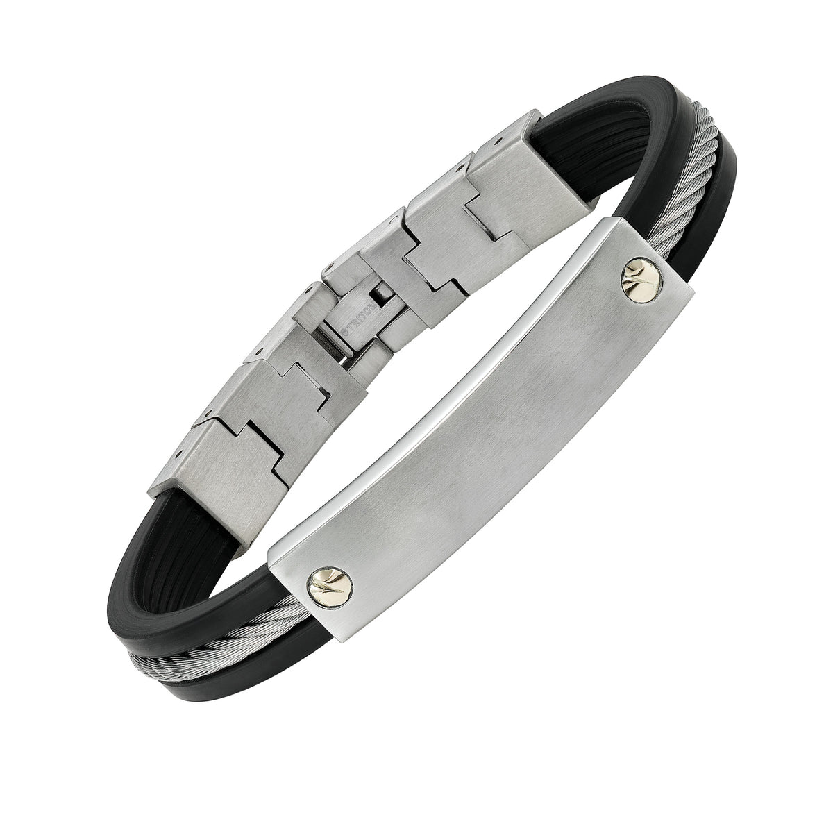 Stainless steel and rubber bracelet with cable inlay and 14K gold screw plate accent