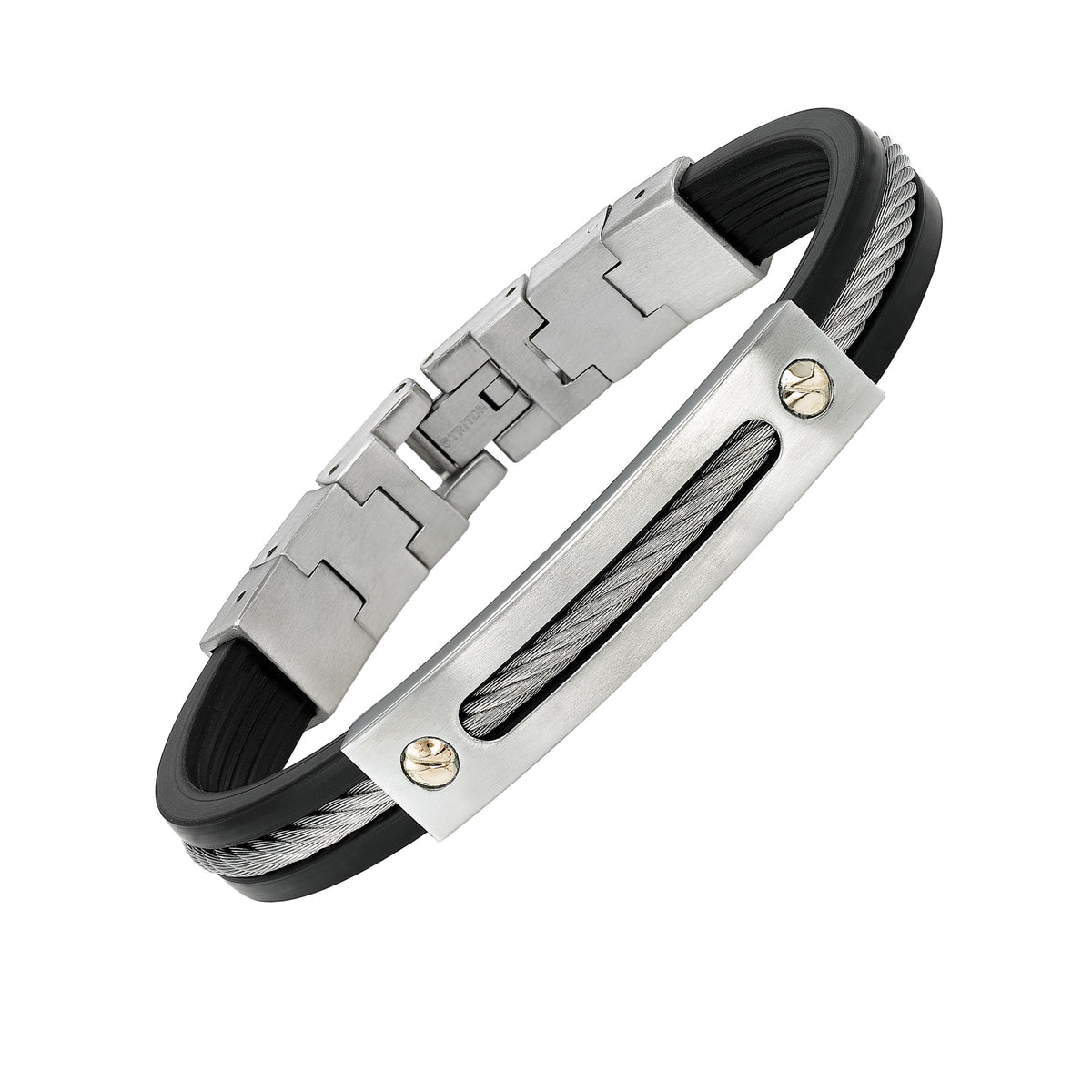 Stainless steel and rubber bracelet with cable inlay and 14K gold screw plate accent