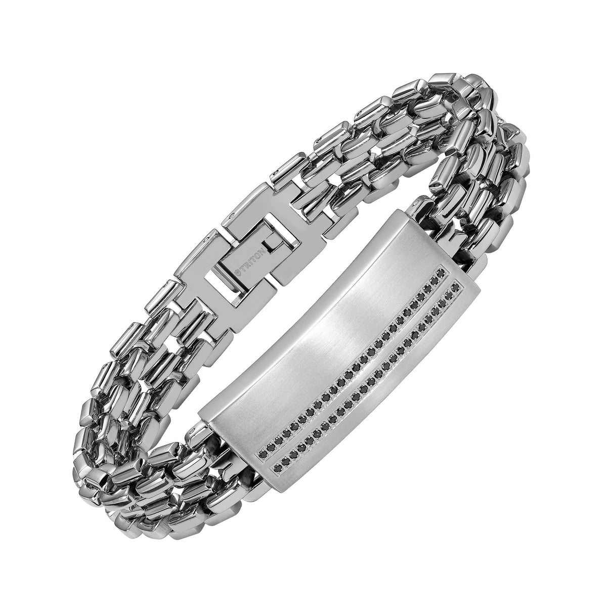 Stainless steel ID bracelet with black diamond accents