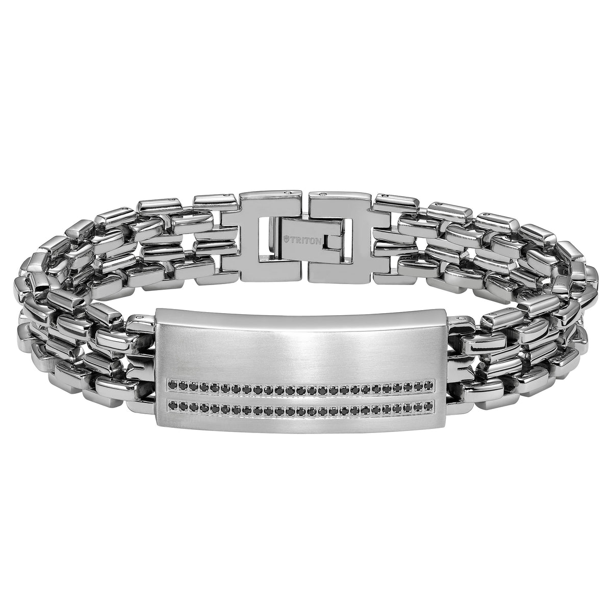 Stainless steel ID bracelet with black diamond accents