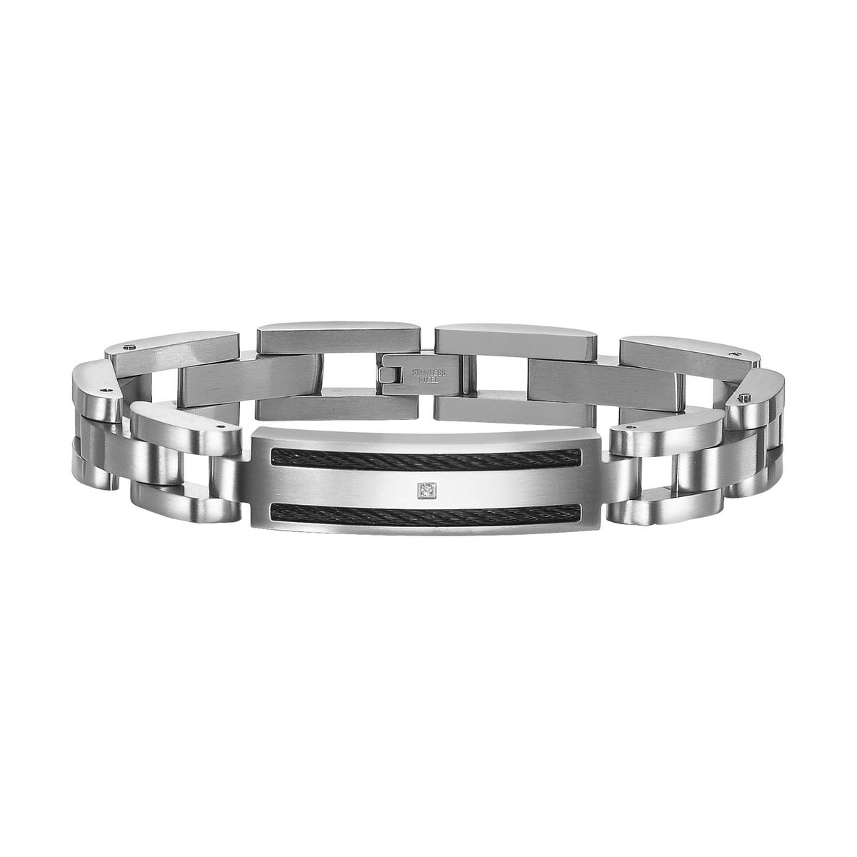 Stainless steel bracelet with black cable and diamond accents