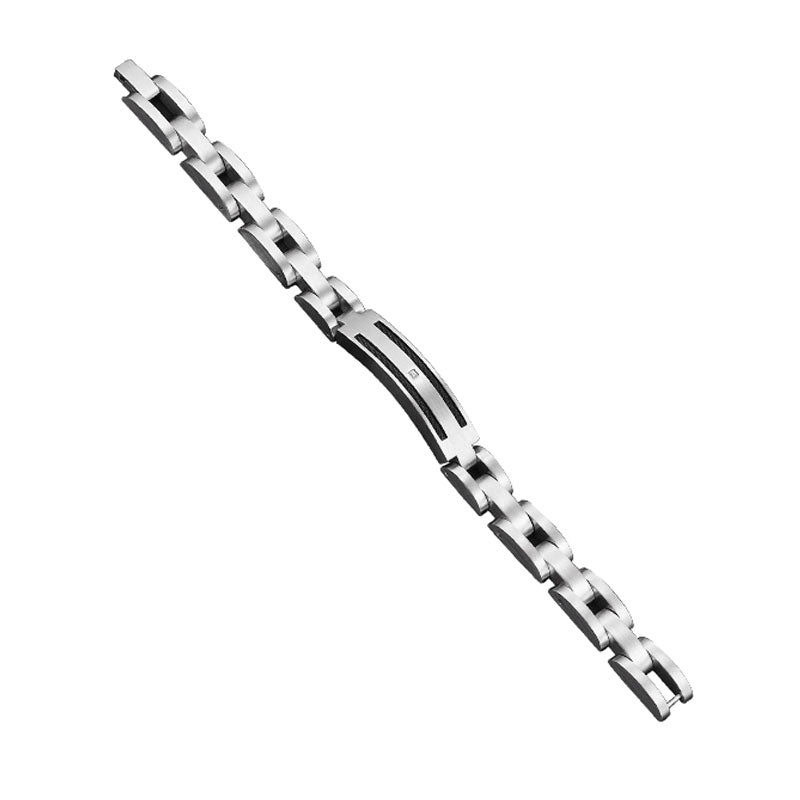 Stainless steel bracelet with black cable and diamond accents