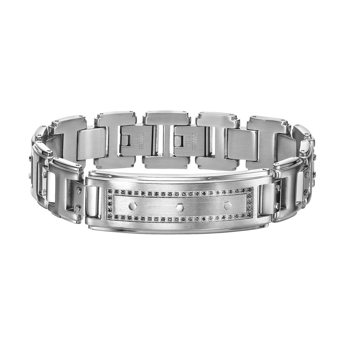 Stainless steel ID bracelet with black diamond accents