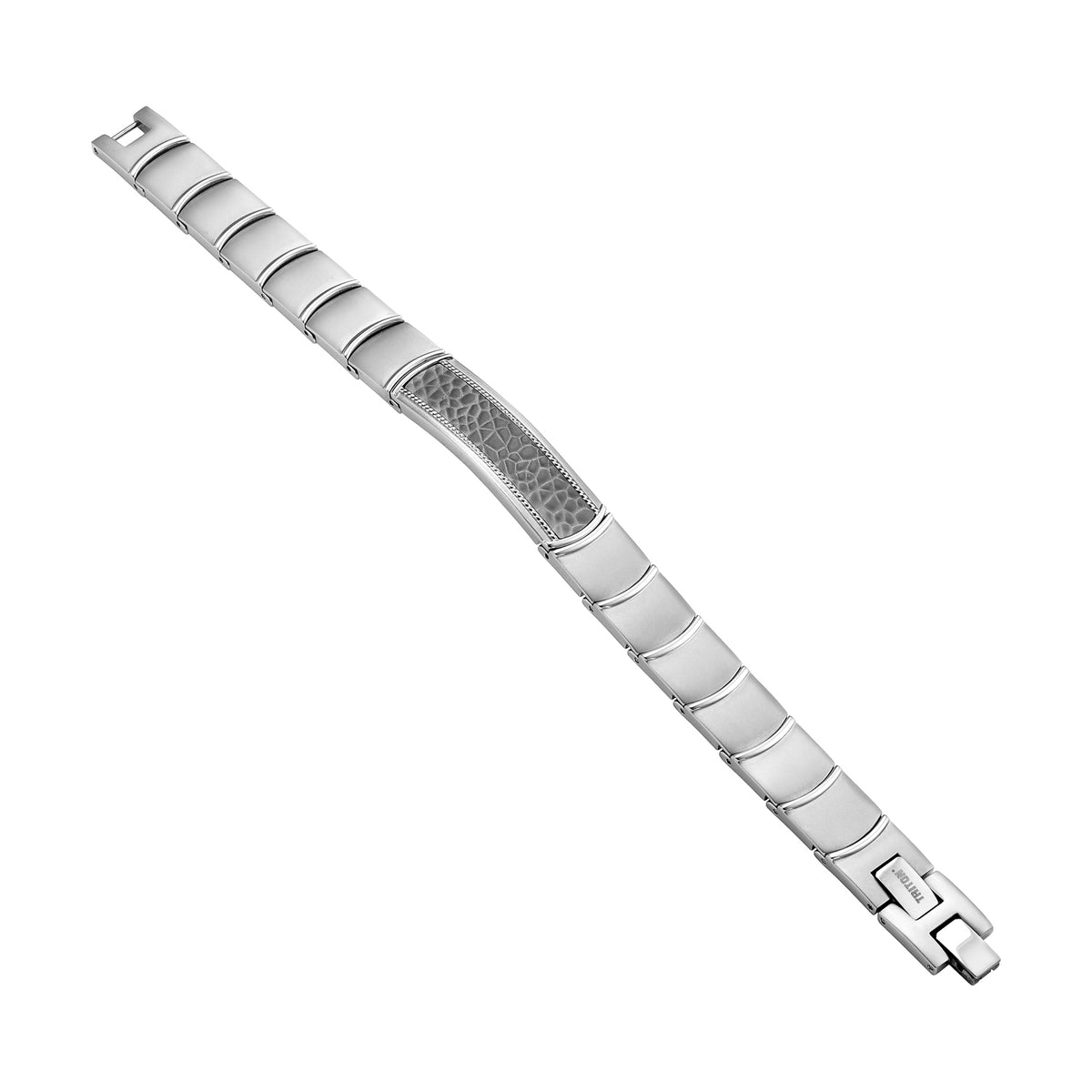 Stainless steel ID bracelet with hammered gun metal PVD titanium inlay