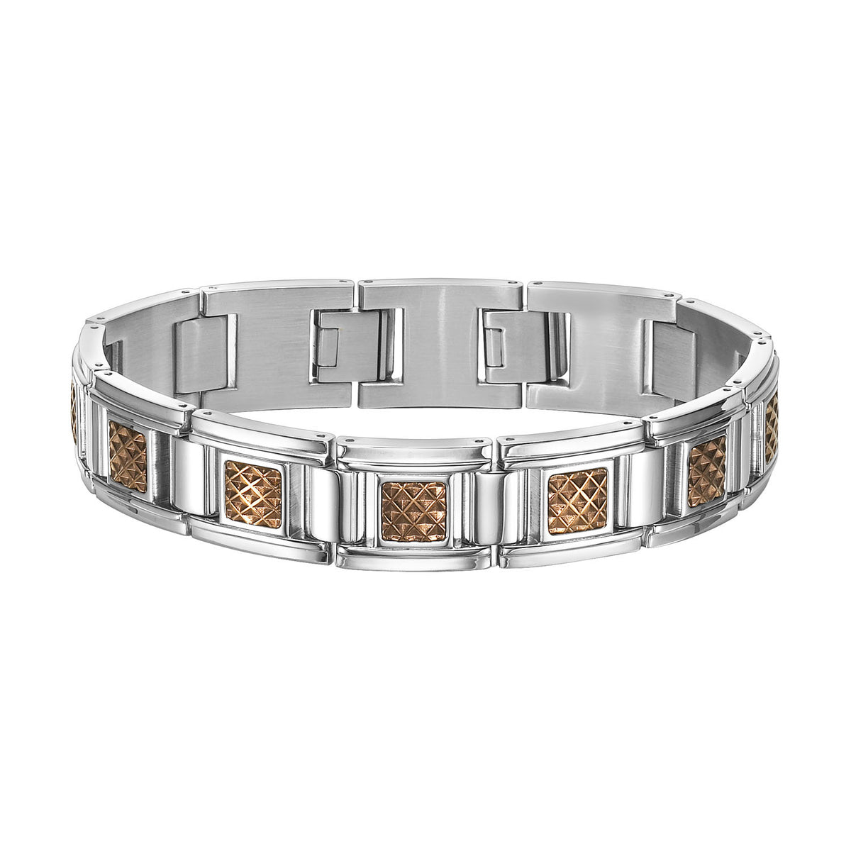 Stainless steel link bracelet with textured bronze PVD inlay