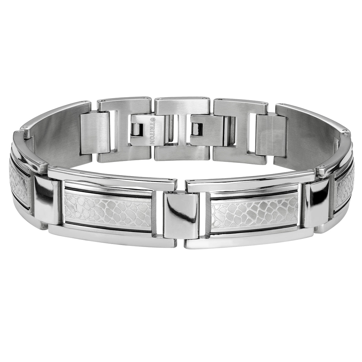 Stainless steel bracelet with faux nugget acid etch and Black PVD lines with fold over clasp