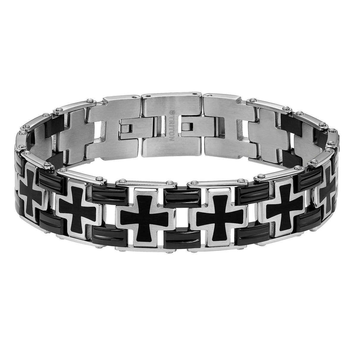 Stainless steel black and steel cross link bracelet with fold over clasp