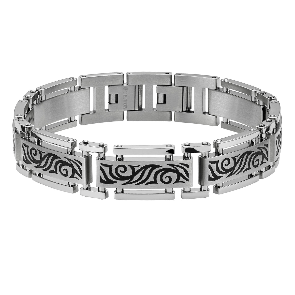 Stainless steel with acid etch and black PVD fold over clasp bracelet
