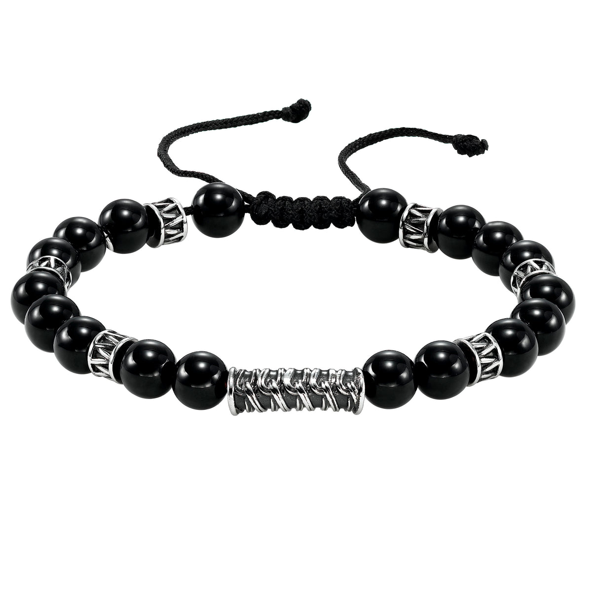 Adjustable Black Onyx and steel bead bracelet with pull string closure