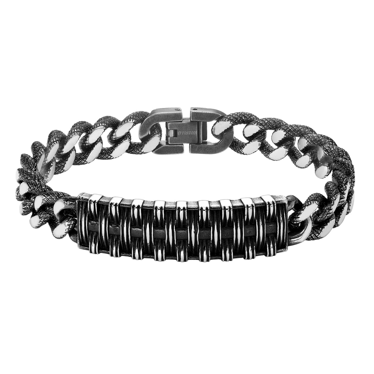 Steel Cast Woven ID bracelet with textured chain links and bright black antique finish