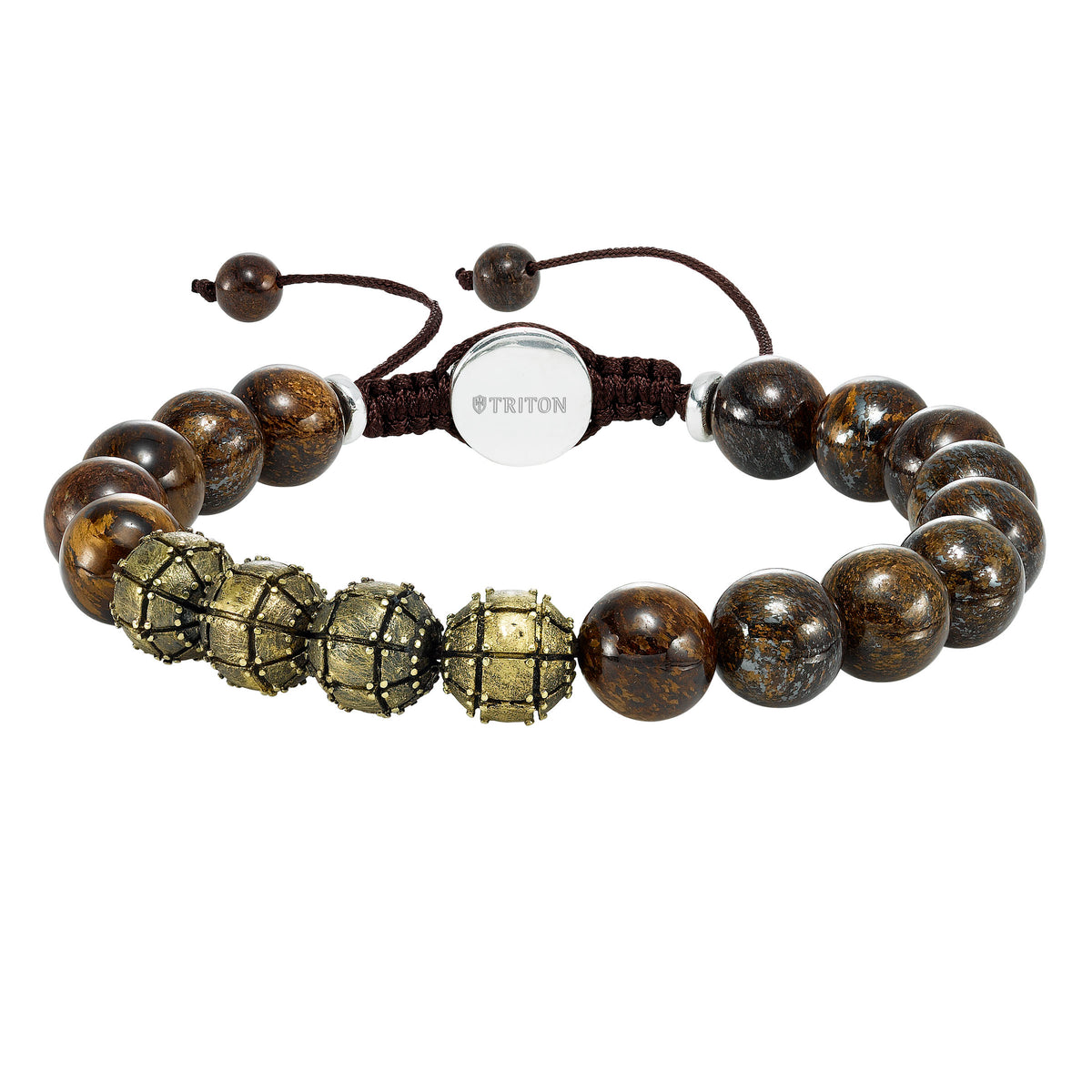 Adjustable Cast Bronze and Bronzite Bead Bracelet with Sterling Silver Clasp