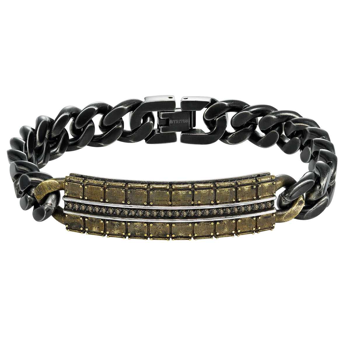 Bronze bracelet with silver diamond plate set with cognac diamonds and black antique steel chain