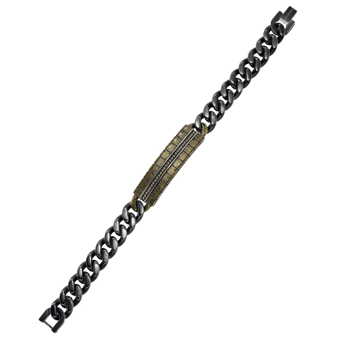 Bronze bracelet with silver diamond plate set with cognac diamonds and black antique steel chain