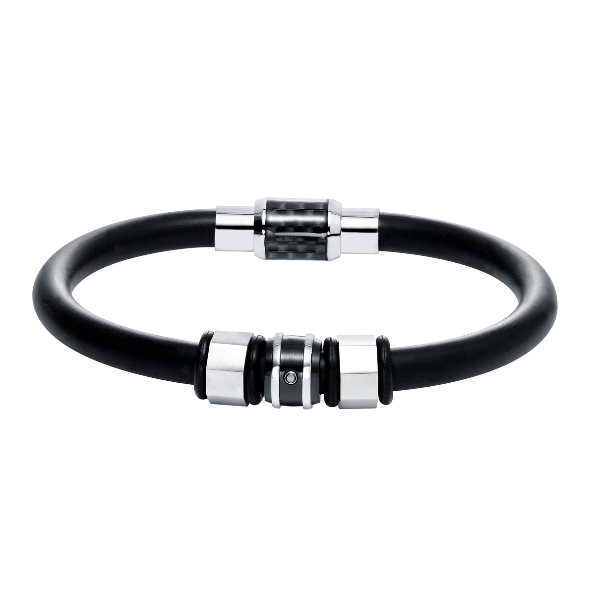 Black Silicone Rubber Tube Bracelet with Engine-Inspired Steel & Black Carbon Fiber Inlay Closure & Parts with Black Diamond Accent
