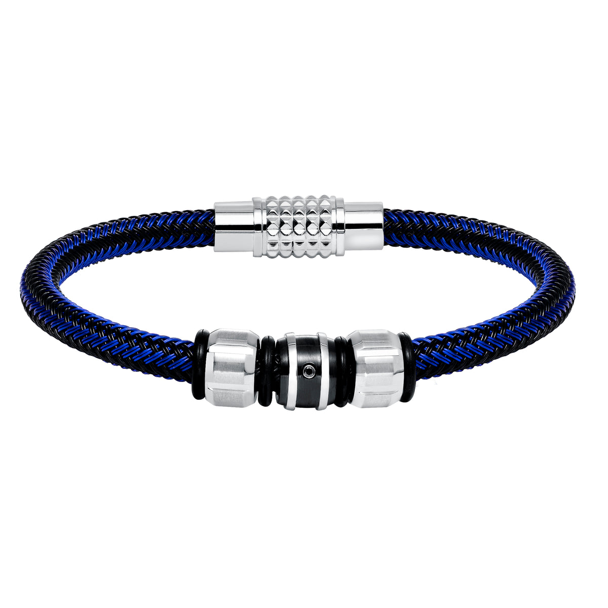 Braided 316L Stainless Steel Black & Electric Blue Wire Bracelet with Engine-Inspired Knurled Steel & Black PVD Closure & Parts with Black Diamond Accent