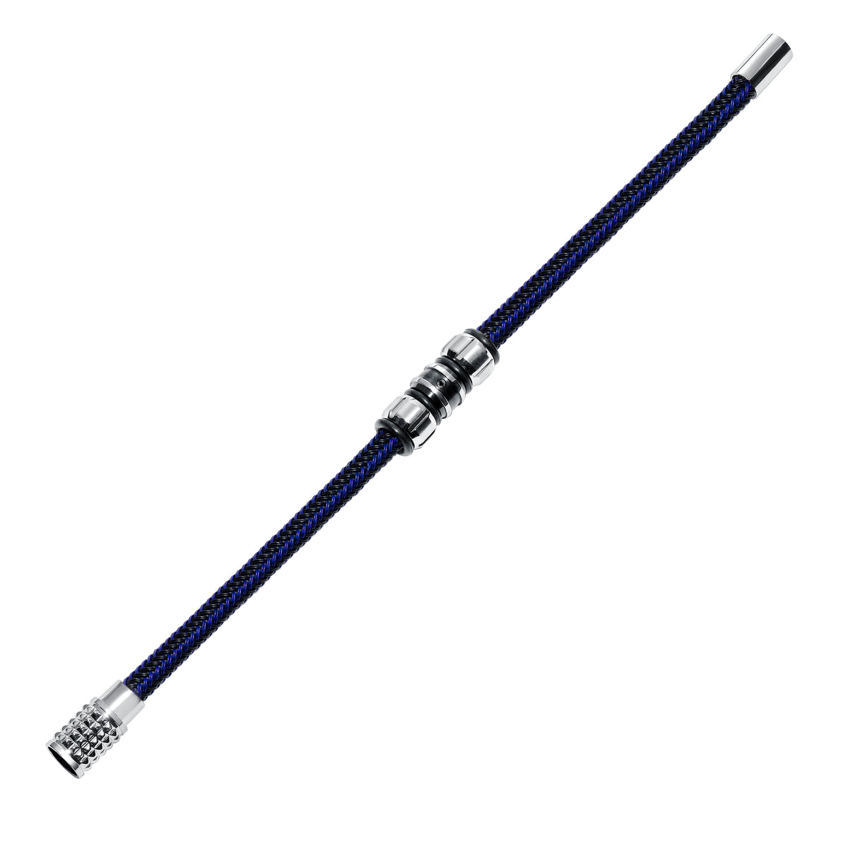 Braided 316L Stainless Steel Black & Electric Blue Wire Bracelet with Engine-Inspired Knurled Steel & Black PVD Closure & Parts with Black Diamond Accent