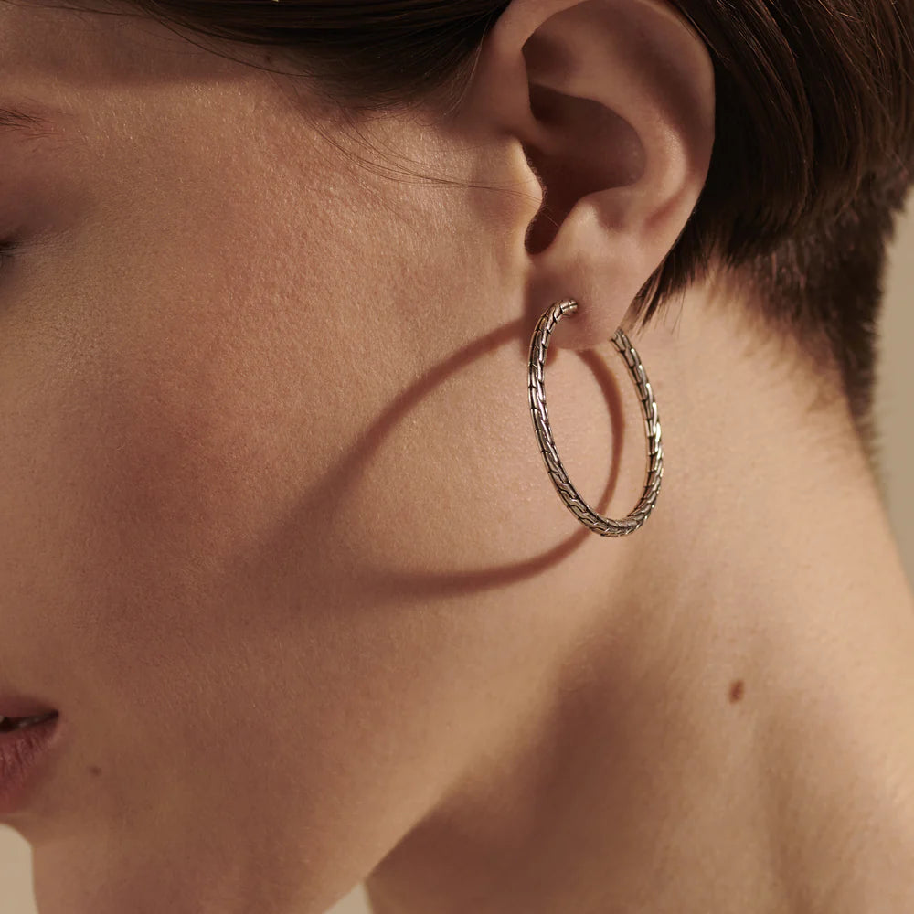 Carved Chain Hoop Earring, Sterling Silver, 37MM