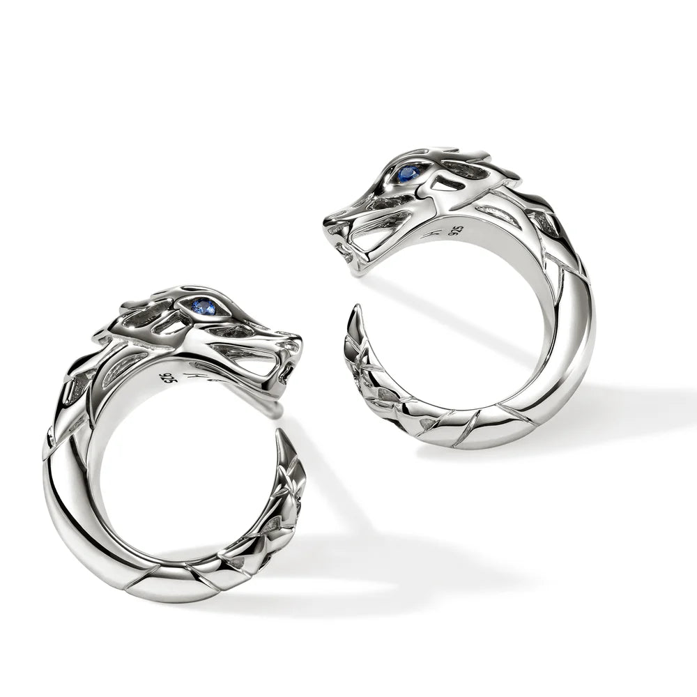 Naga Earrings, Sterling Silver, Blue Sapphire