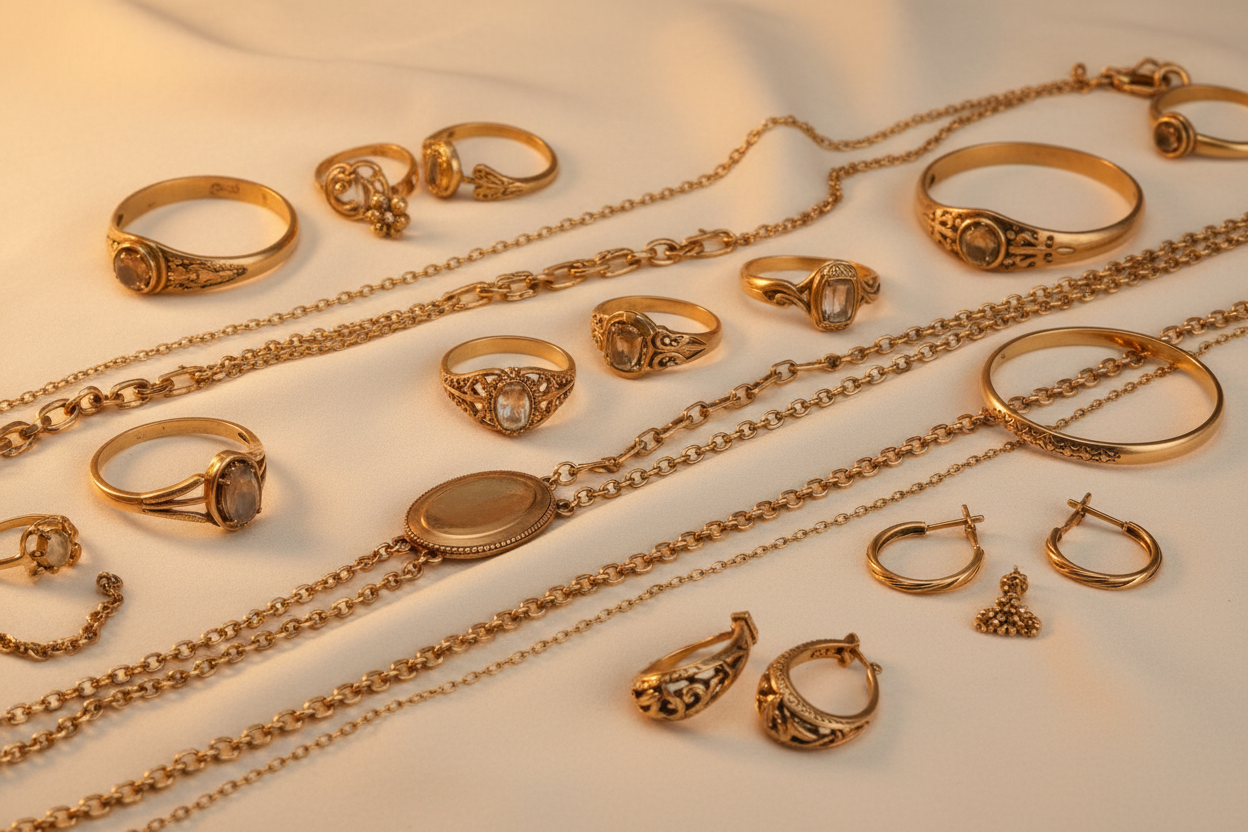 used gold and jewelry on a light background