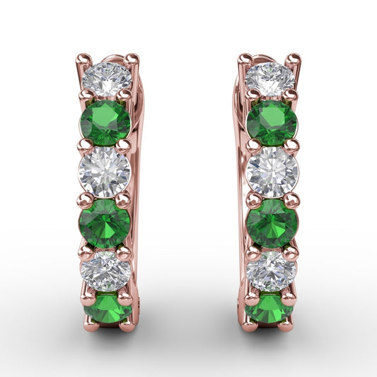 Fana Shared Prong Emerald And Diamond Hoop Earrings