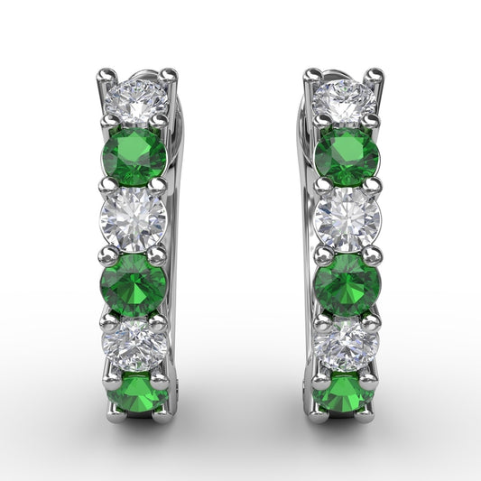 Fana Shared Prong Emerald And Diamond Hoop Earrings