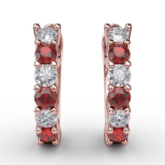 Fana Shared Prong Ruby And Diamond Hoop Earrings