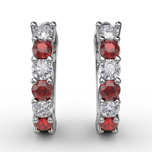 Fana Shared Prong Ruby And Diamond Hoop Earrings