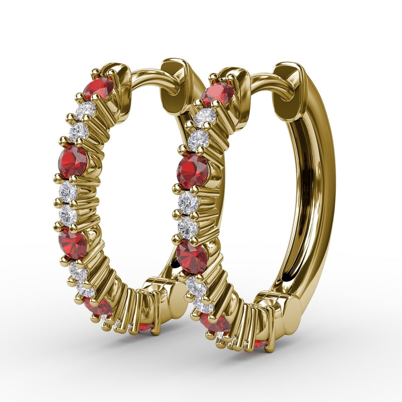 Fana Shared Prong Ruby and Diamond Hoops