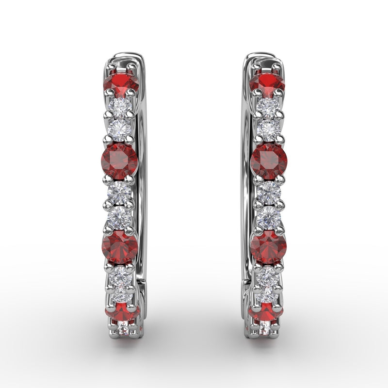 Fana Shared Prong Ruby and Diamond Hoops