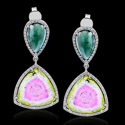 Simon G. Color Earring 18k Gold (White) 16.96 ct Watermelon Tourmaline, Tourmaline 0.76 ct Diamond