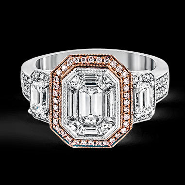 Simon G. 1.01 ctw Halo 18k Two Tone Gold Emerald Cut Engagement Ring