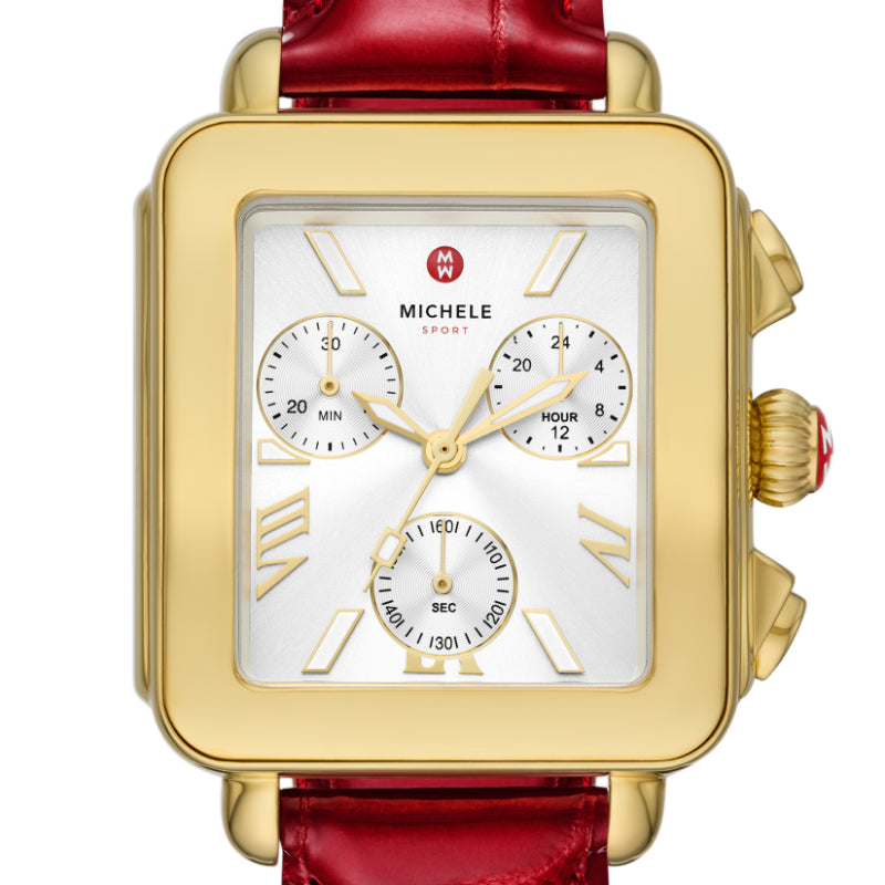 Michele Deco Sport 18K Gold-Plated Ruby Red Leather Watch