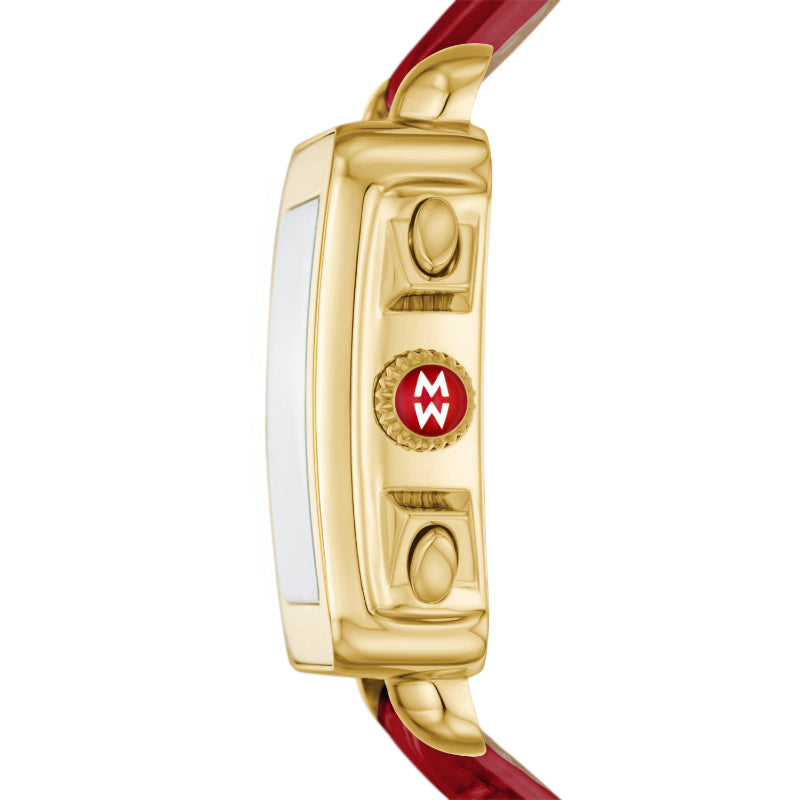 Michele Deco Sport 18K Gold-Plated Ruby Red Leather Watch