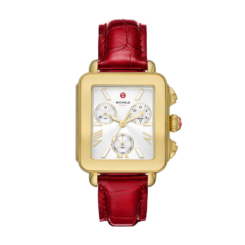 Michele Deco Sport 18K Gold-Plated Ruby Red Leather Watch