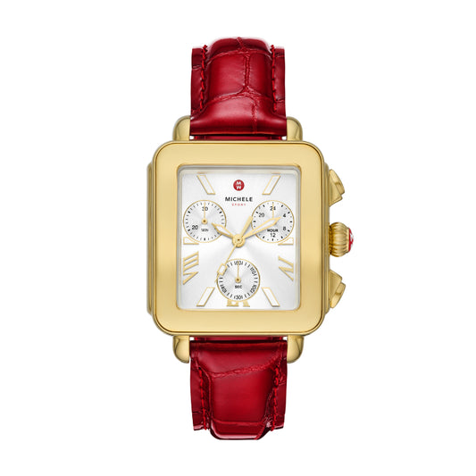 Michele Deco Sport 18K Gold-Plated Ruby Red Leather Watch