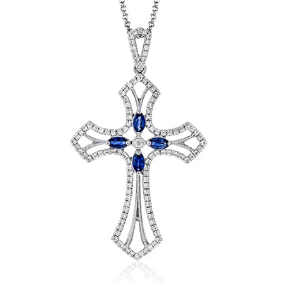 Simon G. Cross Pendant 18k Gold (White) 0.35 ct Sapphire 0.36 ct Diamond