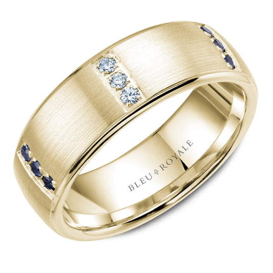 Bleu Royale Wedding Band 7.50mm Yellow 18k Gold With 9 RD TCW 0.25ct And 9 RD TCW 0.2ct