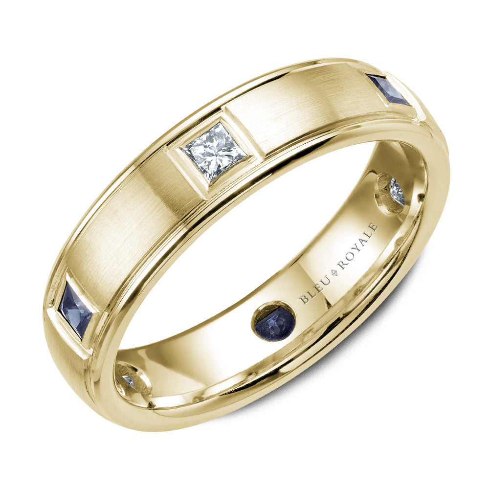 Bleu Royale Wedding Band 5.50mm Yellow 18k Gold With 3 PR TCW 0.33ct And 3 PR TCW 0.3ct