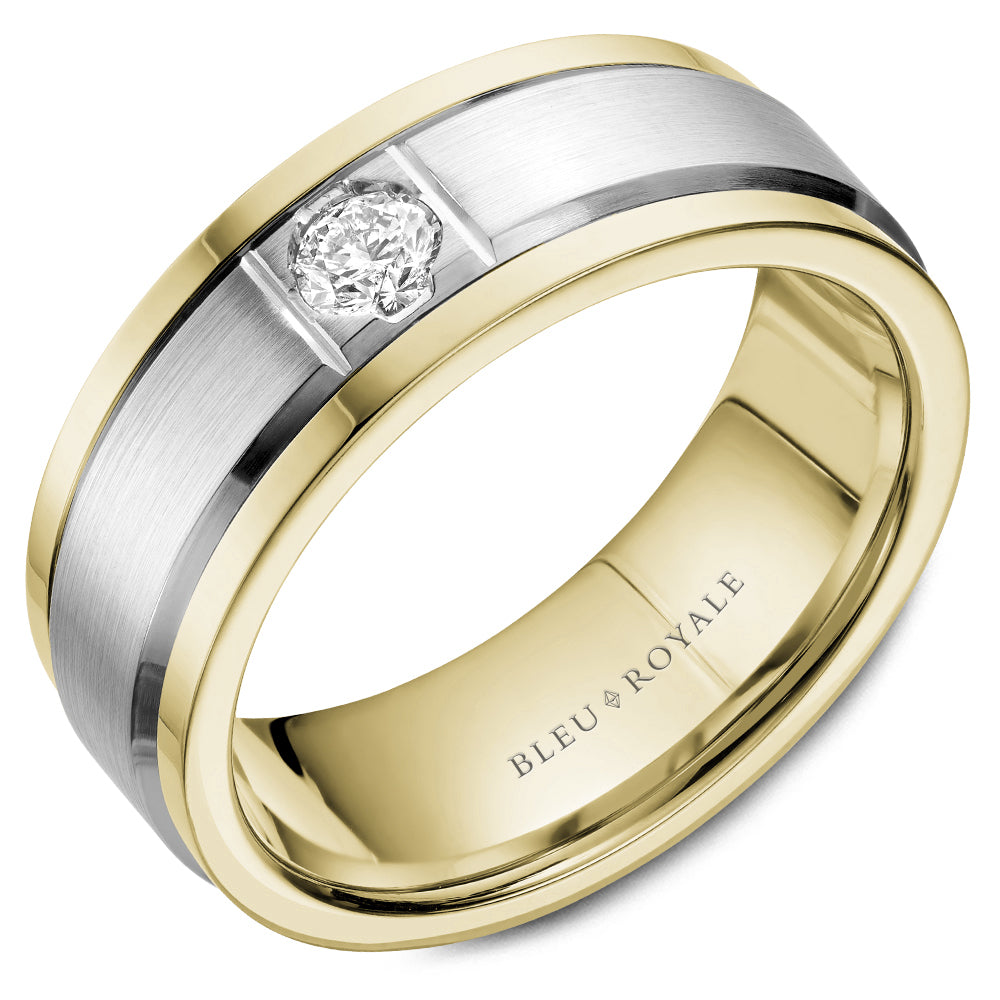 Bleu Royale Wedding Band 8.00mm White and Yellow 18k Gold With 1 RD TCW 0.25ct
