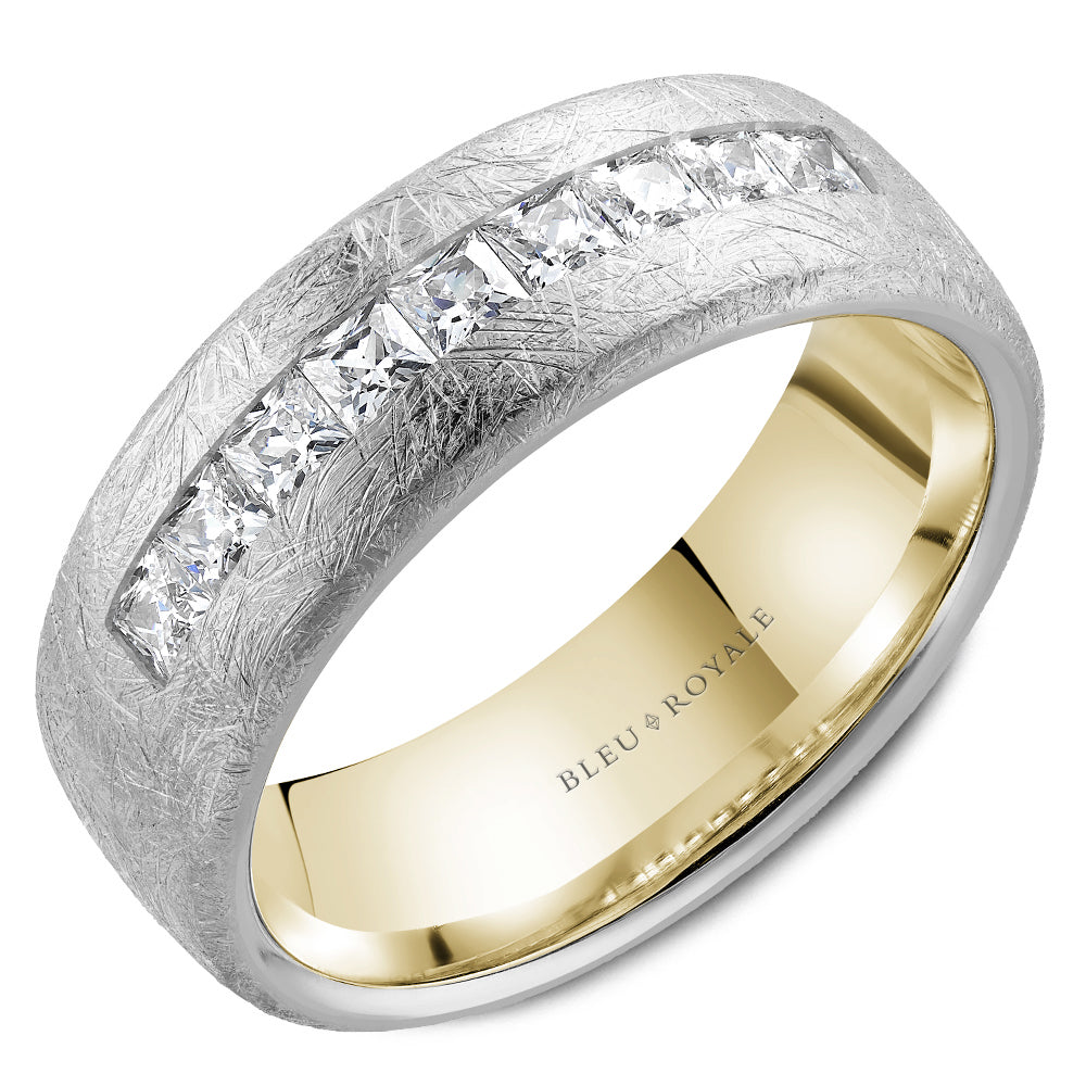 Bleu Royale Wedding Band 7.50mm White and Yellow 18k Gold With 9 PR TCW 0.9ct
