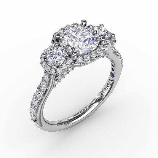 Fana Three-Stone Round Diamond Halo Engagement Ring