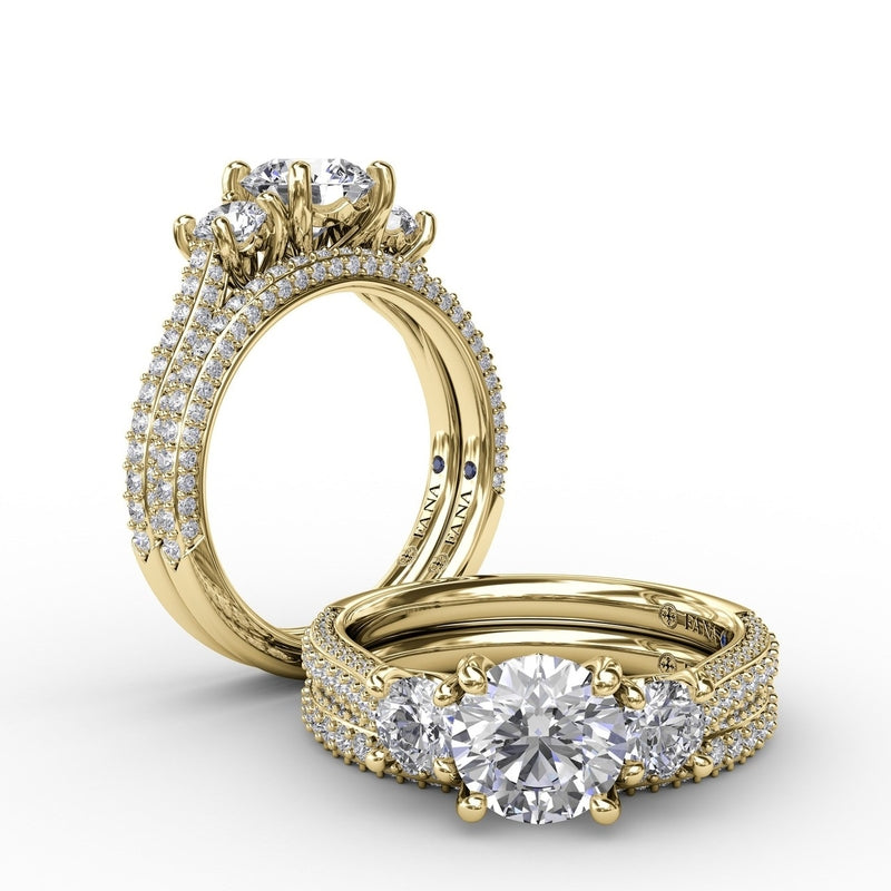 Fana Classic Three-Stone Round Diamond Engagement Ring With Pave Band