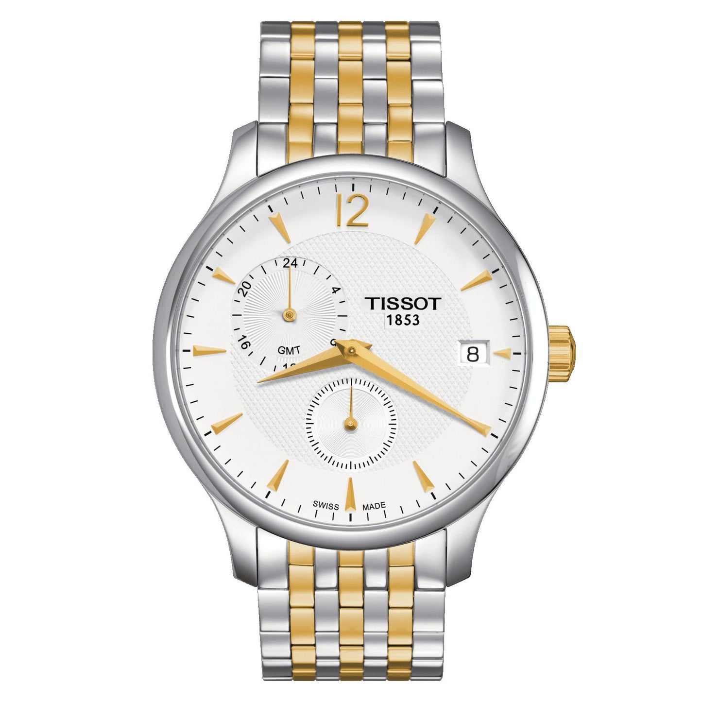 Tissot Tradition Gmt (Stainless Steel, Grey/Yellow Gold 1N14) Arabic And Indexes