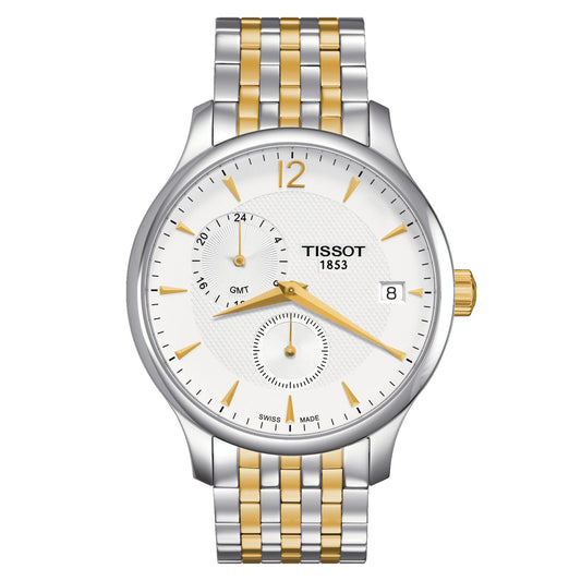 Tissot Tradition Gmt (Stainless Steel, Grey/Yellow Gold 1N14) Arabic And Indexes
