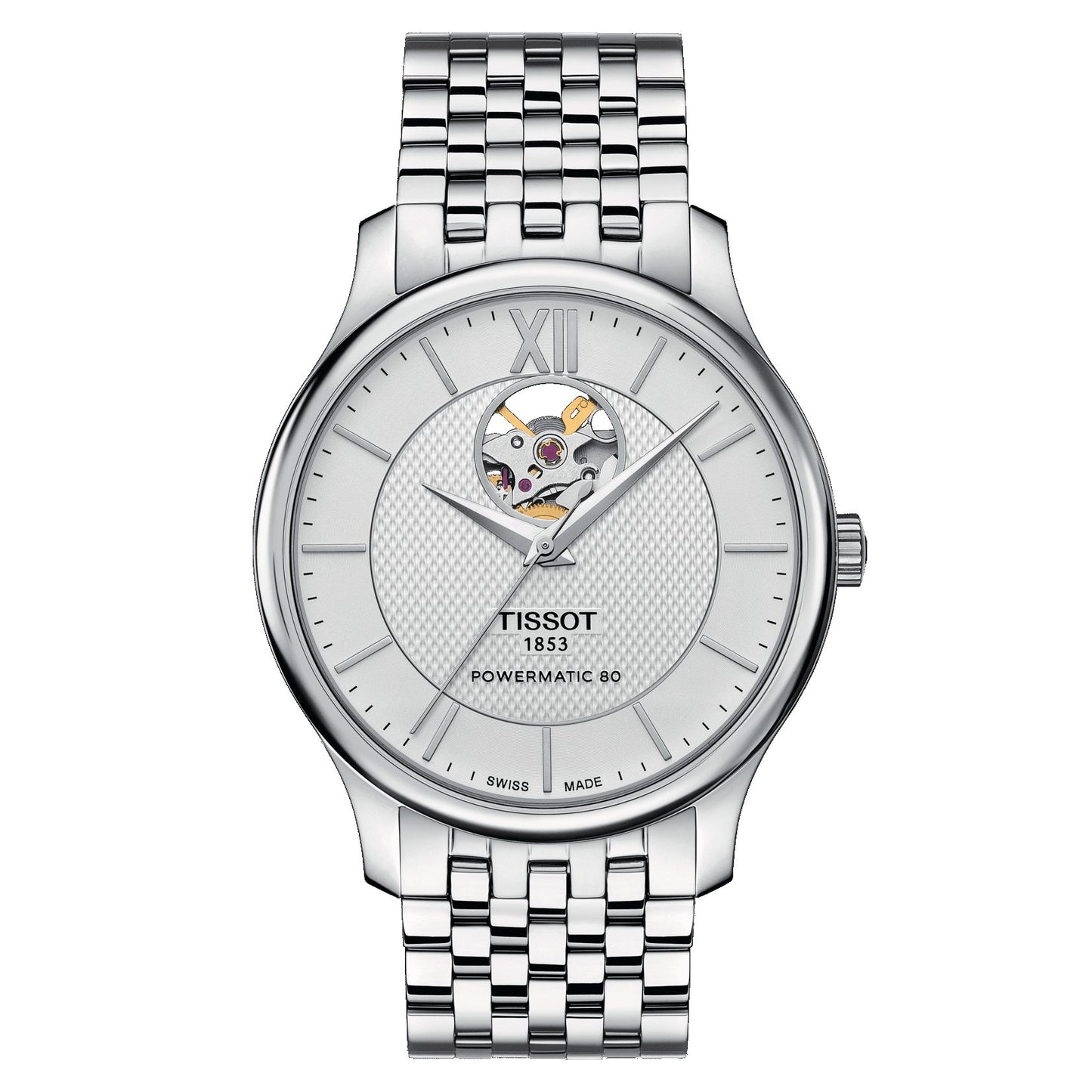 Tissot Tradition Powermatic 80 Open Heart (Stainless Steel, Grey) Roman And Indexes