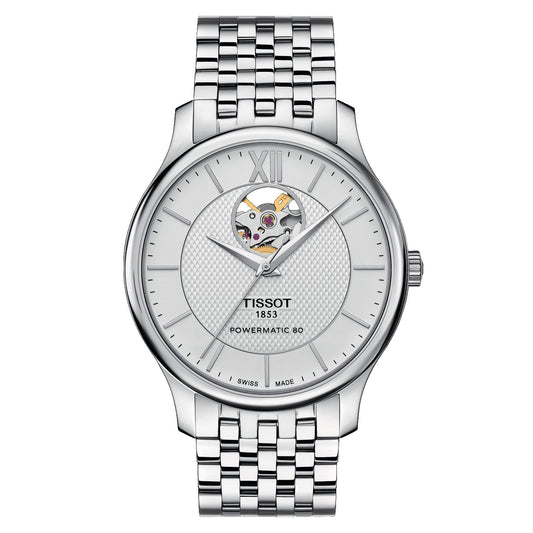 Tissot Tradition Powermatic 80 Open Heart (Stainless Steel, Grey) Roman And Indexes