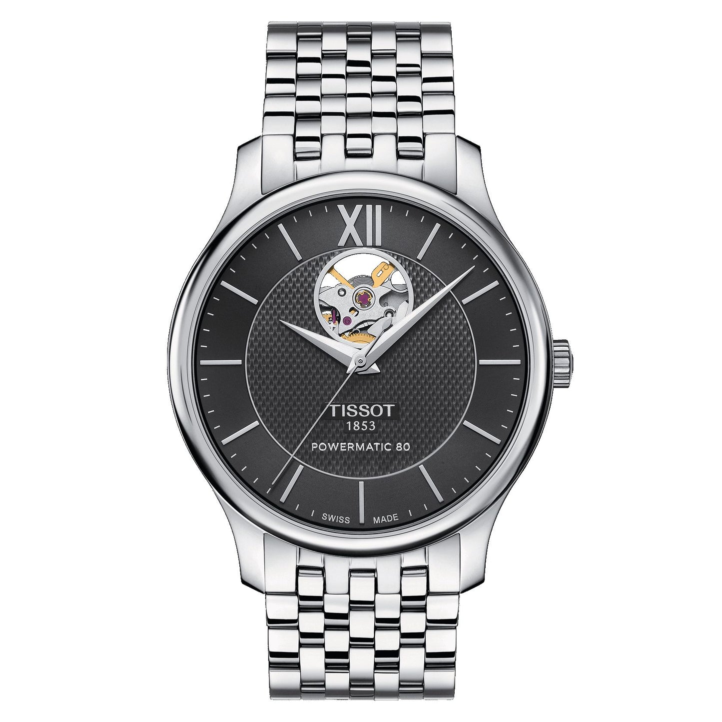 Tissot Tradition Powermatic 80 Open Heart (Stainless Steel, Grey) Roman And Indexes