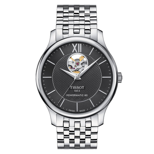 Tissot Tradition Powermatic 80 Open Heart (Stainless Steel, Grey) Roman And Indexes