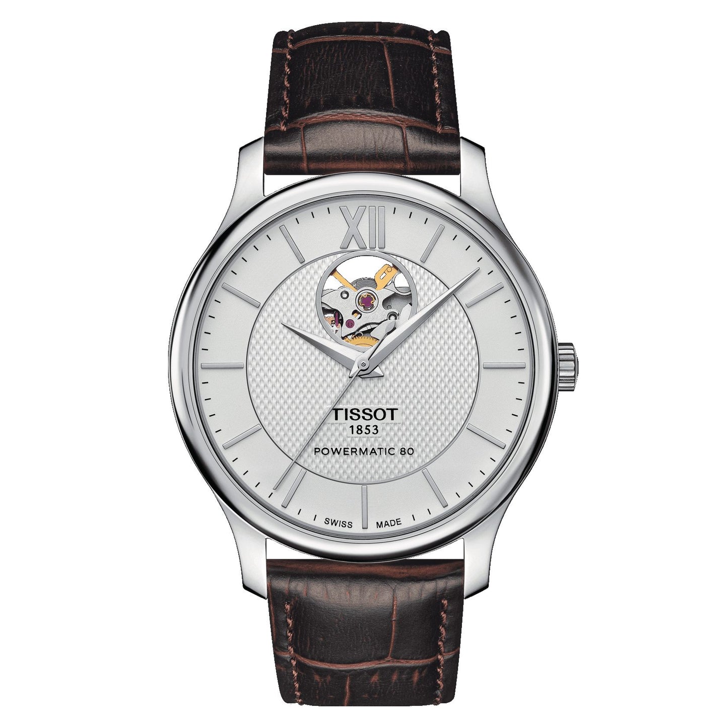 Tissot Tradition Powermatic 80 Open Heart (Leather, Brown) Roman And Indexes
